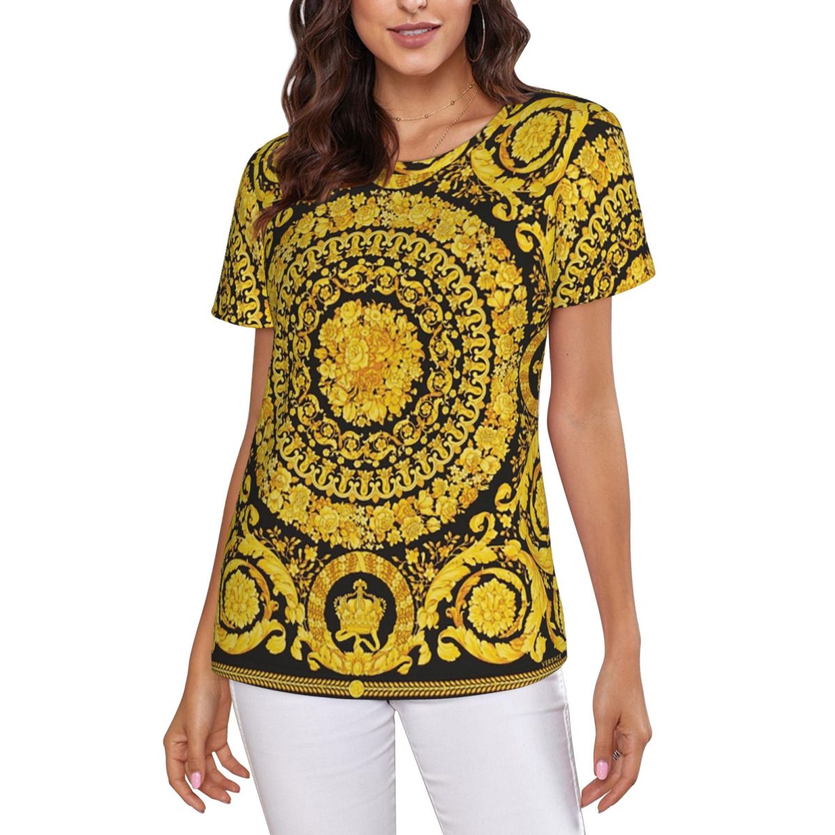 Summer Clothing For 70 Year Old Woman - Camiseta decorativa dorada con medallón barroco